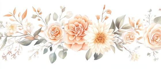 Obraz premium Stunning autumninspired boho wedding bouquet featuring watercolor flowers in soft peach, cream, and green hues, perfect for a romantic celebration