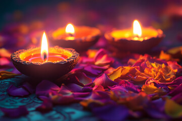 Celebrating Diwali festival, candles in temple with colorful background