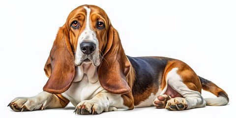 Realistic ravishing portrait of basset hound dog portrait isolated on white background as concept of domestic pet in hyper realistic detail by Generative AI.