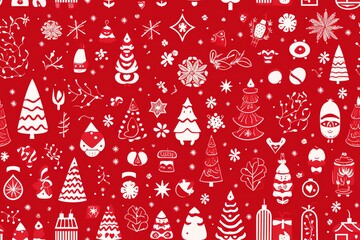 Christmas tree pattern, seamless background for wrapping paper, hand drawn spruces and snowflakes on red.