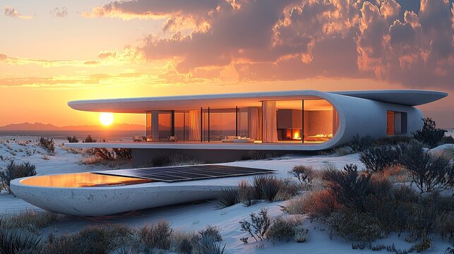 Render a modern desert house with rooftop solar panels, complemented by a stunning view of the sun setting behind the dunes