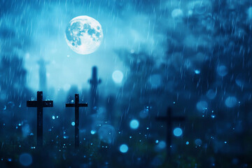 Full moon shining over a rainy graveyard at night, background