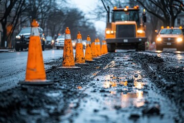 urban renewal progress road construction scene with vibrant orange traffic cones guiding vehicles workers and heavy machinery symbolize infrastructure improvement and city growth