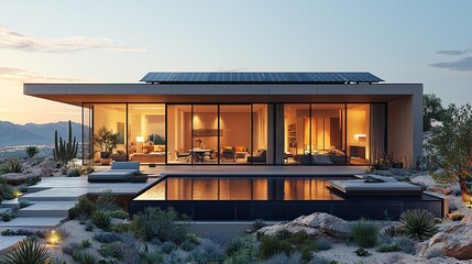Render a high-tech desert home with sleek solar panels installed on both the roof and the surrounding ground, maximizing energy efficiency