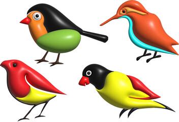 3d rendering set of colorful birds