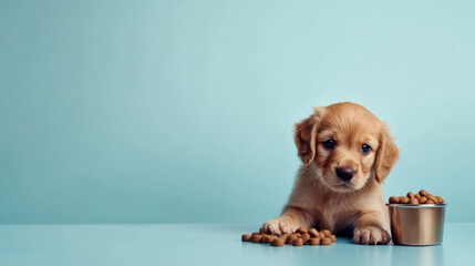 Cute puppy looking at a bowl of dog food on color background, copy space