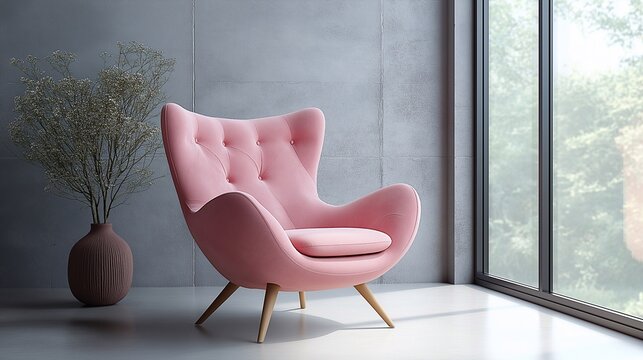 Pink armchair in a spacious room. Home interior.Modern living room.	