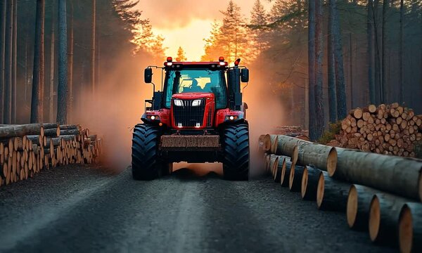 Tractor Driving Through Forest