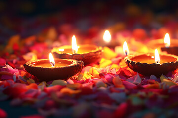 Celebrating Diwali festival, candles in temple with colorful background