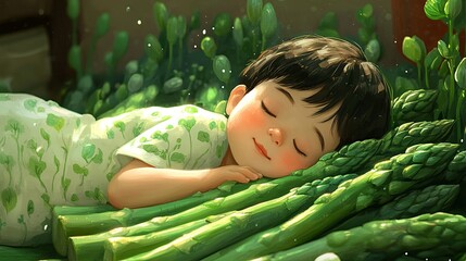 Obraz premium Sleeping Child Relaxing on Grass in a Green Meadow