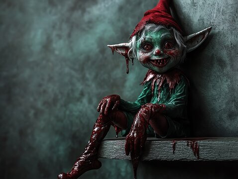Creepy haunted elf sitting on a wooden shelf, with sinister smile, bloody hands and eerie atmosphere, perfect for Halloween themes.