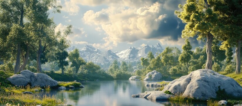 3D illustration depicting a whimsical forest landscape featuring a serene lake and large rocks set against a cloudy backdrop