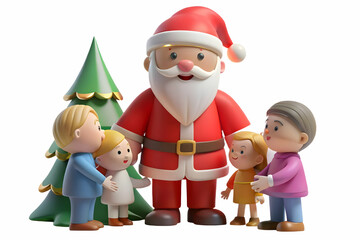 Cheerful Flat Santa Interacting with Children in Soft Focus, Capturing Joy and Excitement Against a Warm Festive Bokeh Background � Vector Illustration
