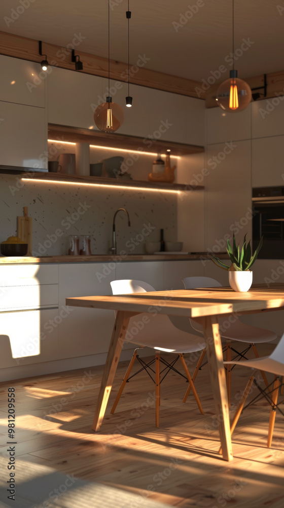 Sticker A modern kitchen featuring minimalist IKEA furniture, with wooden dining table and stylish chairs. warm lighting creates cozy atmosphere, perfect for gatherings