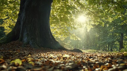 Sunlight filtering through the leaves of an old beech tree in a serene forest creating a calm and peaceful nature scene
