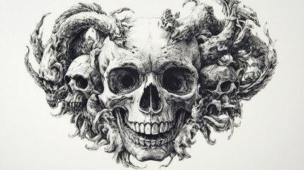 Surrealist artwork featuring a skull and animal design created through hand drawing