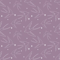 White birds line art seamless pattern on purple colour background.	