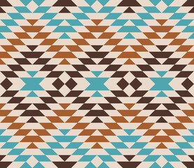 Bohemian long autumn Aztec diamonds brown teal cream raster pattern. Southwesten Tribal Aztec kilim geometrics in cream, teal, cinnamon brown and dark brown seamless pattern.