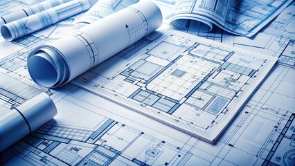 Architectural blueprints spread out on a table for review, blueprints, architecture, construction, plans