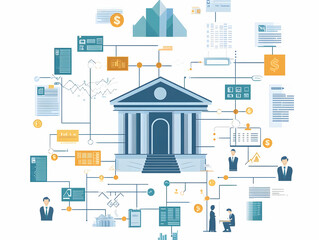 Fototapeta premium Flat Holographic Campaign Finance Flowchart Concept - Wide Shot of Complex Processes with Glowing Arrows, Dollar Symbols, and Copy Space in Clean Environment