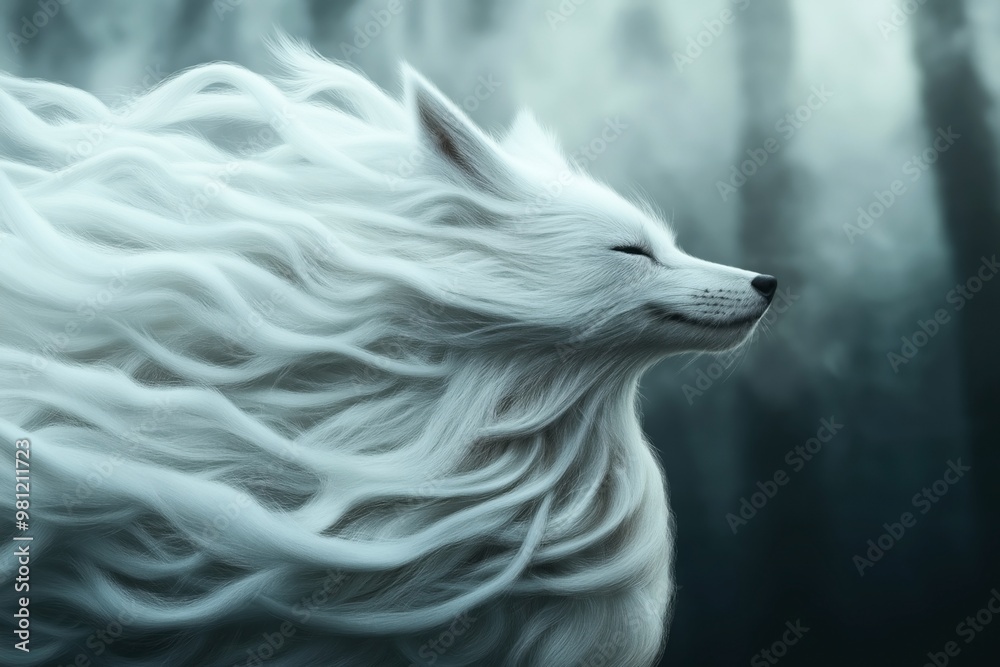 Poster Digital art of a serene white fox with flowing, wind-swept fur, set against a mystical forest background. The atmosphere is ethereal and calming.