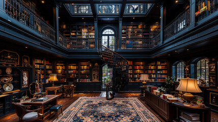 Obraz premium Inside a Multi-Story Library of Antique Collections