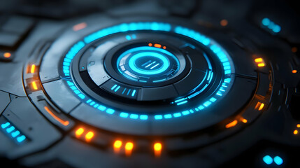 3D Holographic Campaign Button Interface Concept: Extreme Close-Up of Futuristic Button with Glowing Blue Accents on White Background