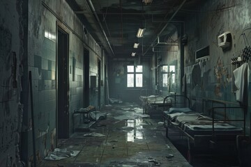 Old asylum with derelict jail, eerie corridors, rusted bars, and a haunted vibe..