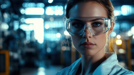 A female engineer wearing safety goggles in modern industrial setting exudes confidence and professionalism. Her focused expression highlights importance of safety in engineering