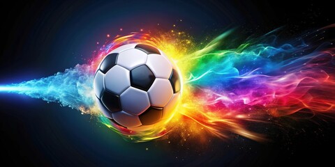 Obraz premium Dynamic soccer ball bursting with colorful energy, soccer, ball, dynamic, vibrant, colorful, energy, movement, sport