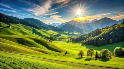 Fototapeta premium Green fields shining under the summer sun on mountain slopes, nature, landscape, mountains, green, fields, grass