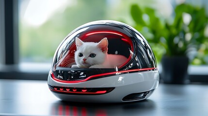 Fototapeta premium A cute white kitten peers from within a futuristic spaceship pod, curious and wide-eyed.