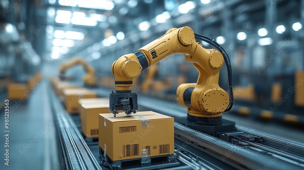Poster modular robotics system sorting packages on automated conveyor belt in futuristic warehouse