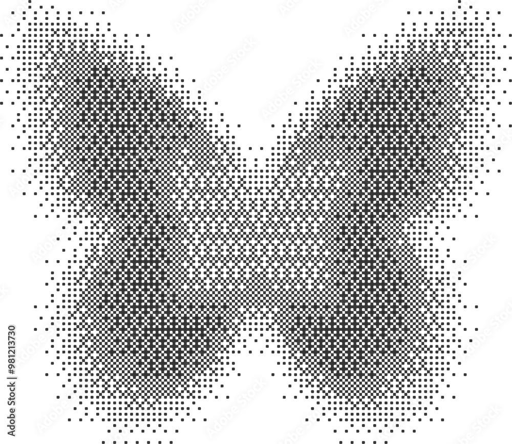 Poster bitmap pattern abstract butterfly shape. halftone gradient element. dither noisy grunge texture. gra