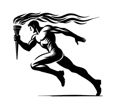 recommend clip art: man run holding torch engraving black and white outline