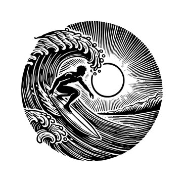recommend clip art: man surfing on ocean wave engraving black and white outline
