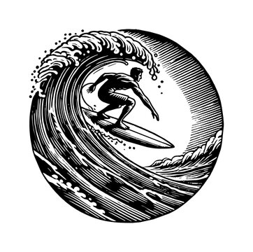 recommend clip art: man surfing on ocean wave engraving black and white outline
