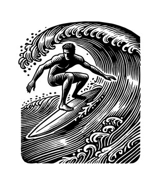 recommend clip art: man surfing on ocean wave engraving black and white outline