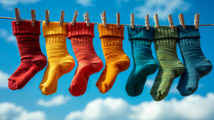 Hanging Socks in Vibrant Hues. Choreography of Colors