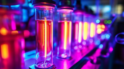 Colorful laboratory test tubes illuminated with vibrant neon lights, showcasing a modern scientific environment.