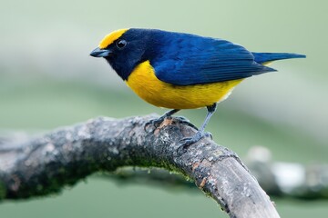 A colorful bird perched on a branch, showcasing vibrant blue and yellow plumage.