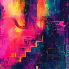 Obraz premium Vivid colors and geometric shapes collide in a mesmerizing digital artwork.
