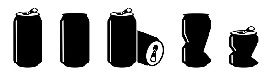Soda can icon vector illustration black line. Dented soda cans icons set. Beverage, sign and symbol soda and juice silhouette.