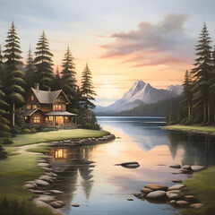 Naklejka premium Serene Lakeside Cabin at Sunset with Mountain View