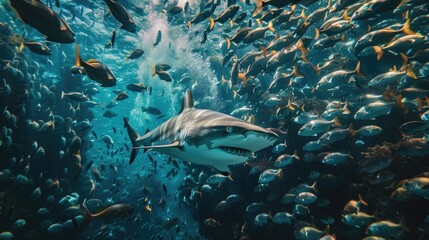 Fototapeta premium Underwater image of a great white shark surrounded by a school of fish in the ocean, symbolizing marine life and biodiversity.