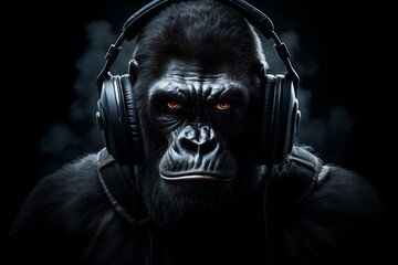 Gorilla with headphones on black background