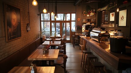 A cozy coffee shop interior featuring wooden tables, warm lighting, and a welcoming atmosphere for relaxation and conversation.
