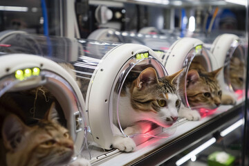 Cats line up in recovery pods at bustling feline hospital