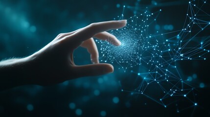 A hand reaches out to touch a glowing network of stars, symbolizing connection, technology, and the future of communication.