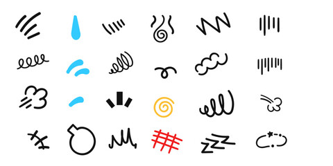 Manga Symbols Vector set, Scribble ink cartoon pack,Expressive curvy lines design elements collection.  